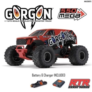 [매장입고][ARA3230ST2]1/10 GORGON 4X2 MEGA 550 브러시드 몬스터 트럭 RTR 배터리 및 USB 충전기 포함, 빨간색